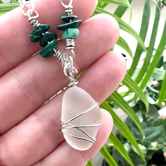 Seaglass + Malachite Crystal Chain Handmade Necklace - Picture 3 of 7